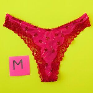 Victoria's Secret TEASE Size M Satin and Lace Pink with Hearts Thong Panty